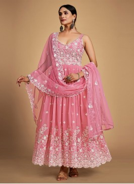 Pink Thread Embroidered Georgette Anarkali Dress
