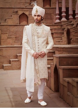 Royal Cream Embroidered Sherwani Set With Dupatta