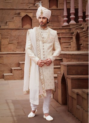 Royal Cream Embroidered Sherwani Set With Dupatta