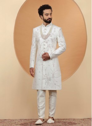 Royal White Embroidered Sherwani Set For Groom