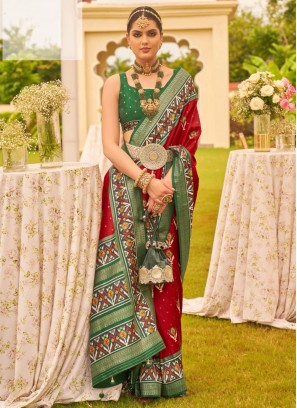 Elegant Maroon & Green Patola Printed Silk Saree
