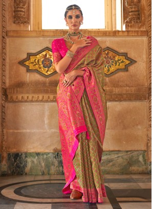 Mehndi Green & Pink Festive Woven Banarasi Silk Saree