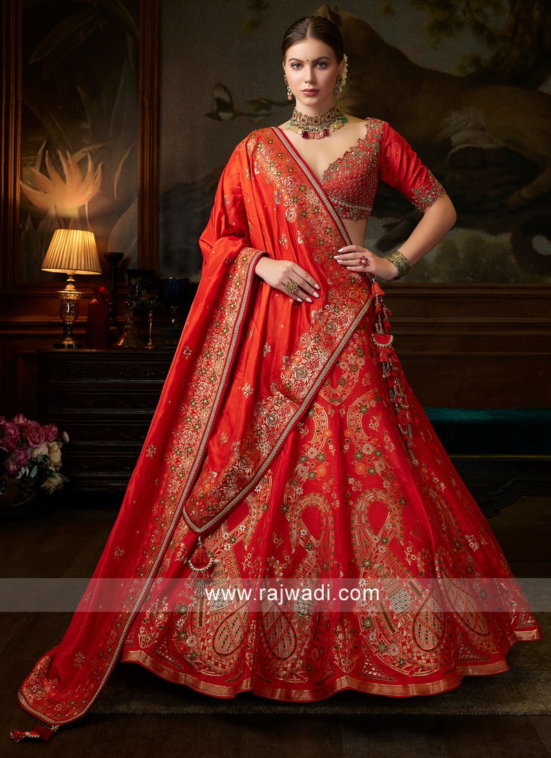 Rust Embroidered Wedding Wear Lehenga Choli