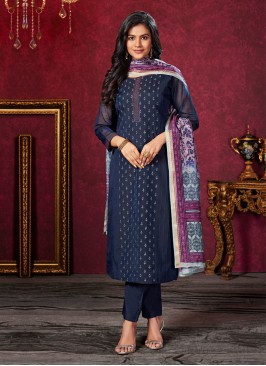 Navy Blue Pant Style Salwar Suit With Printed Dupatta