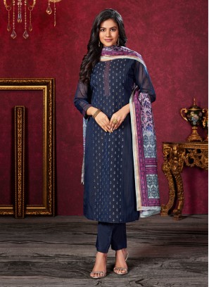 Navy Blue Pant Style Salwar Suit With Printed Dupatta