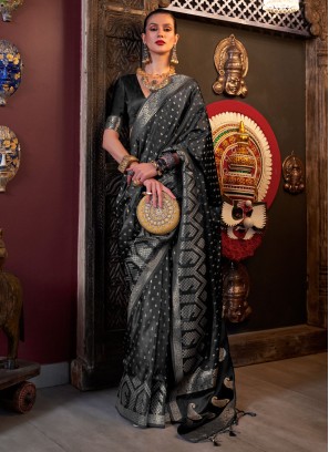 Satin Silk Weaving Black Trendy Saree