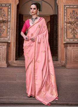 Light Pink Saree In Satin Silk With Weaving Work