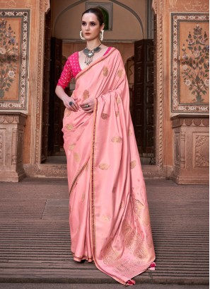Light Pink Saree In Satin Silk With Weaving Work
