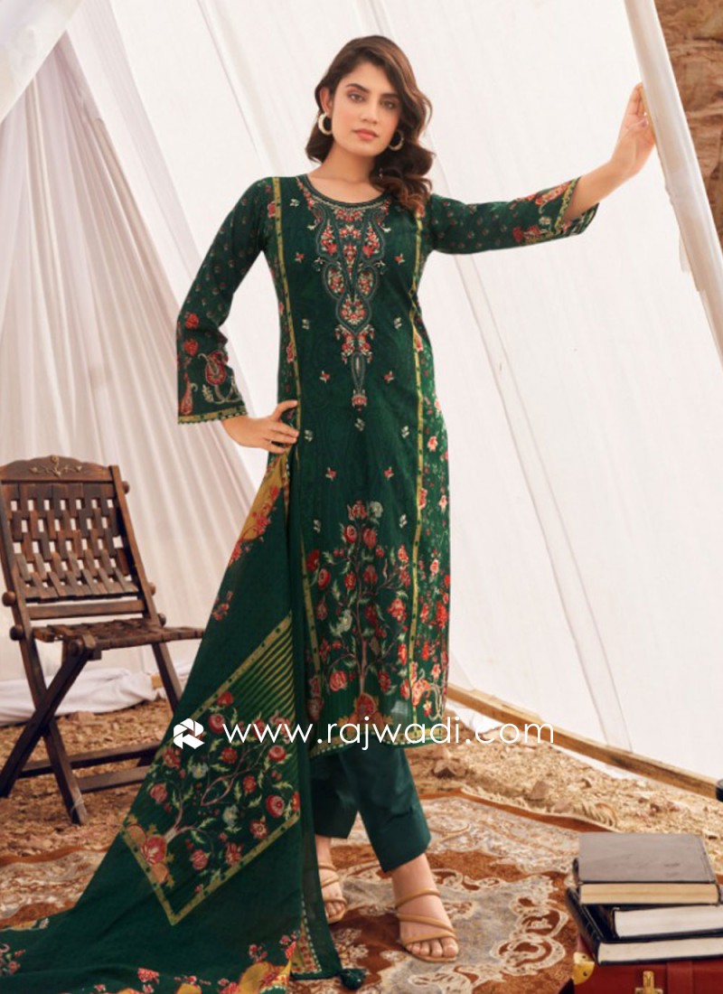 Green Cotton Lawn Dress Material With Dupatta