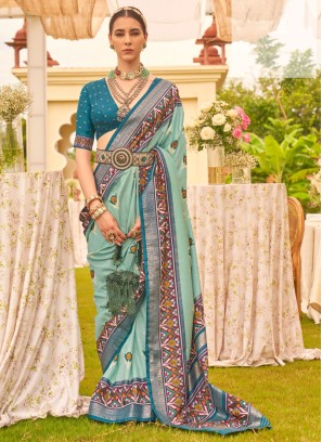 Light Sea Green & Teal Patola Printed Silk Saree