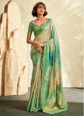 Mesmerizing Light Green And Cream Khadi Silk Saree