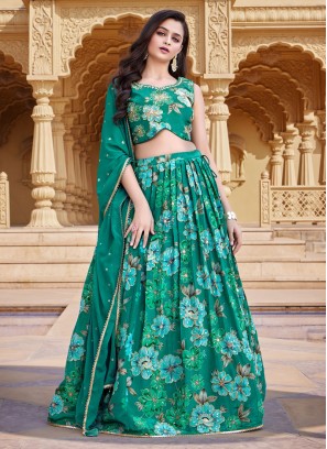 Sea Green Designer Lehenga In Silk With Floral Print