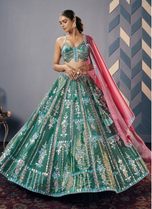 Sea Green Embroidered Designer Lehenga with Halter Neck Blouse