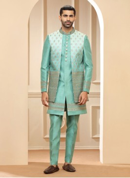 Sea Green Jacket Style Indowestern Set With Embroidery