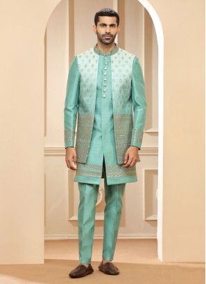 Sea Green Jacket Style Indowestern Set With Embroidery