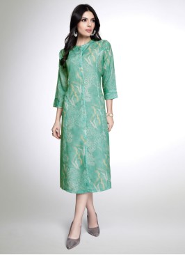 Sea Green Printed Kurti With Thread Work