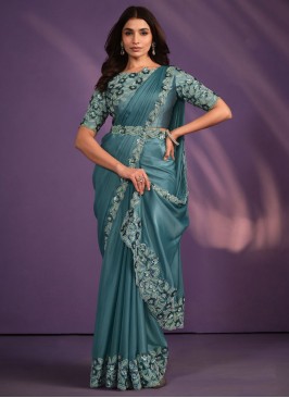 Sea Green Ready To Wear Saree With Floral And Leaf