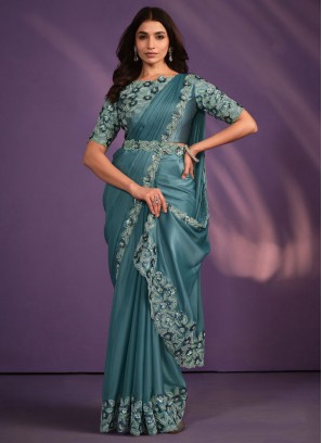 Sea Green Ready To Wear Saree With Floral And Leaf Border