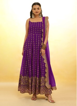 Purple Embroidered Anarkali In Georgette With Dupatta