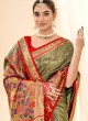 Stunning Olive Green Handloom Silk Contemporary Paithani Saree