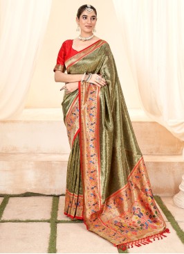 Stunning Olive Green Handloom Silk Contemporary Paithani Saree