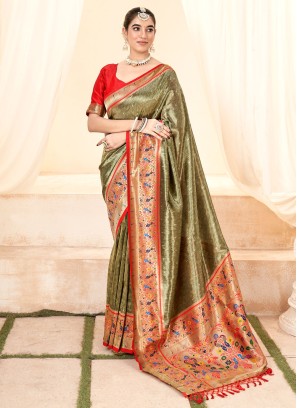 Stunning Olive Green Handloom Silk Contemporary Saree