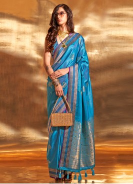 Deep Sky Blue Wedding Wear Satin Silk Saree