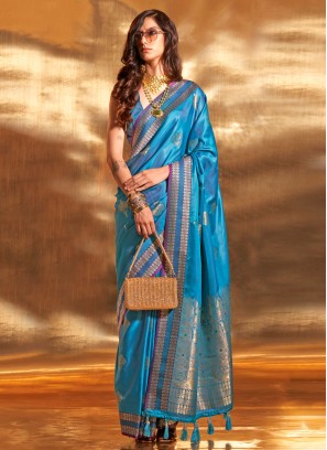 Deep Sky Blue Wedding Wear Satin Silk Saree