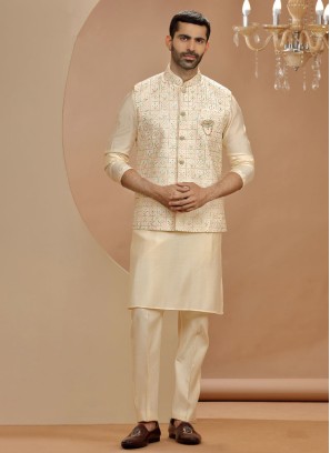 Sequins Embroidered Cream Nehru Jacket Set