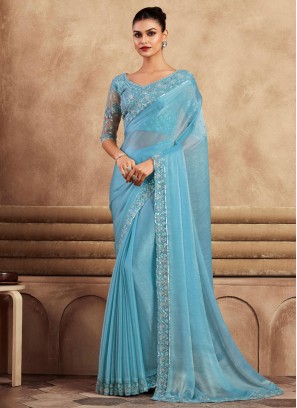 Sky Blue Chiffon Silk Contemporary Saree