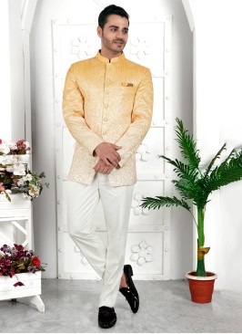 Shaded Yellow Jodhpuri Suit With Unstitched Bottom