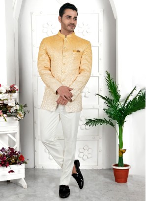 Shaded Yellow Jodhpuri Suit With Unstitched Bottom