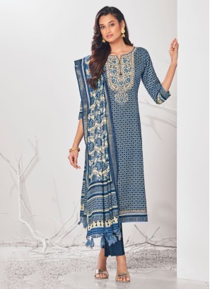 Shagufta Blue Printed Silk Salwar Kameez