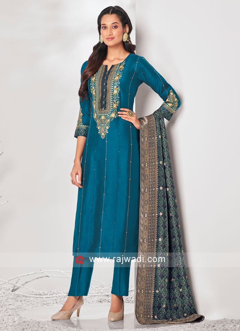 Shagufta Designer Peacock Blue Salwar Kameez