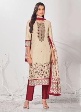 Shagufta Silk Cream Pant Style Salwar Kameez