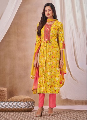 Shagufta Yellow Floral Printed Silk Salwar Kameez