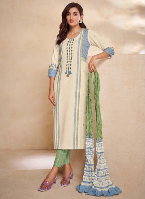 Shagufts Cream And Pista Green Color Pant Style Salwar Suit.