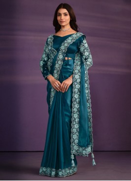 Shimmer Crape Satin Saree In Dark Teal Blue Color