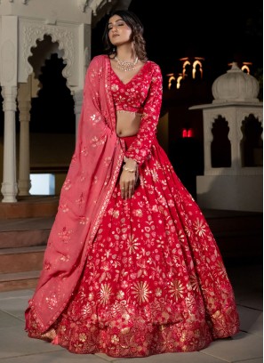 Shimmering Cherry Red Sequins Embellished Chiffon Lehenga Choli