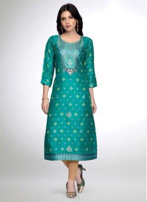 Shimmering Firozi Muslin Silk A-Line Kurti