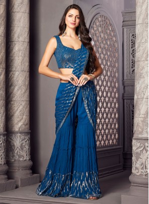 Shimmering Peacock Blue Sharara Suit With Designer Dupatta