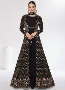 Jacket Style Black Georgette Anarkali With Dupatta