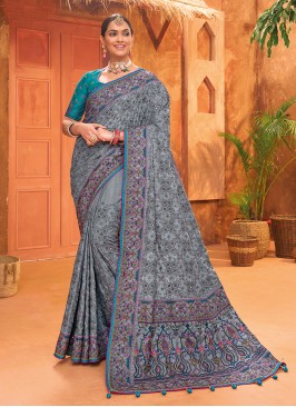 Grey Kachhi Embroidered Silk Festive Saree
