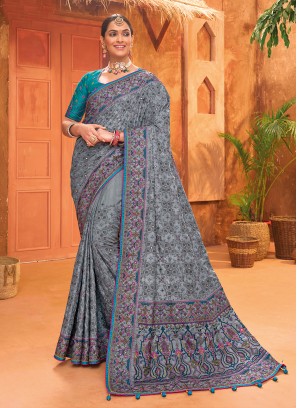 Grey Kachhi Embroidered Silk Festive Saree