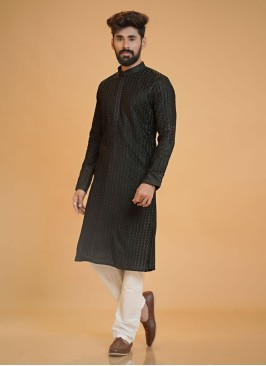 Silk Black Readymade Kurta Pajama For Men