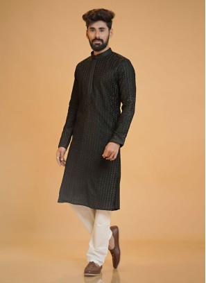 Silk Black Readymade Kurta Pajama For Men