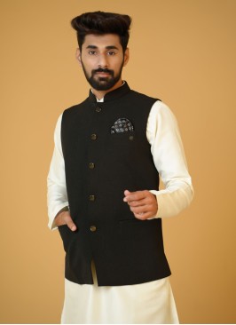 Silk Black Wedding Wear Nehru Jacket