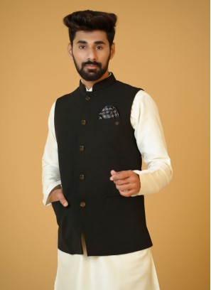 Silk Black Wedding Wear Nehru Jacket