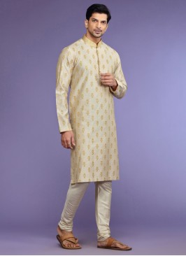 Silk Cream Readymade Kurta Pajama For Men