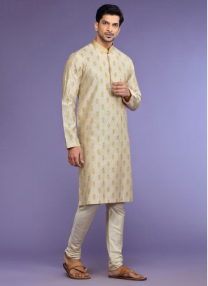 Silk Cream Readymade Kurta Pajama For Men